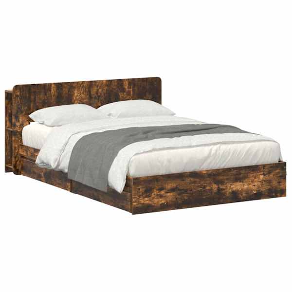 Sahtlitega voodiraam peatsiga, suitsutatud tamm, 135 × 190 cm, tehispuit — mudel 3433584