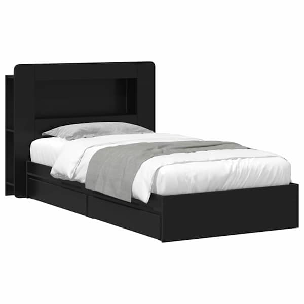 Sahtlitega voodiraam peatsiga, must, 75 × 190 cm, tehispuit