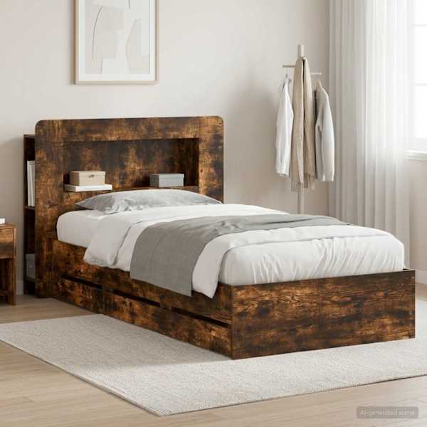Panipaigaga voodiraam peatsiga, suitsutatud tamm, 90 × 200 cm — mudel 3434019