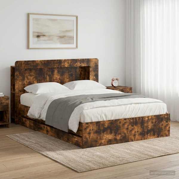 Panipaigaga voodiraam peatsiga, suitsutatud tamm, 135 × 190 cm — mudel 3434037