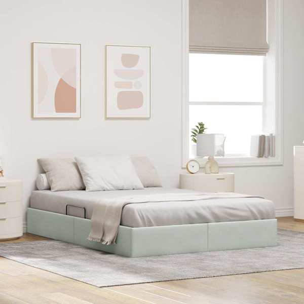 Voodiraam, helehall, 140 × 200 cm, samet — mudel 3442886