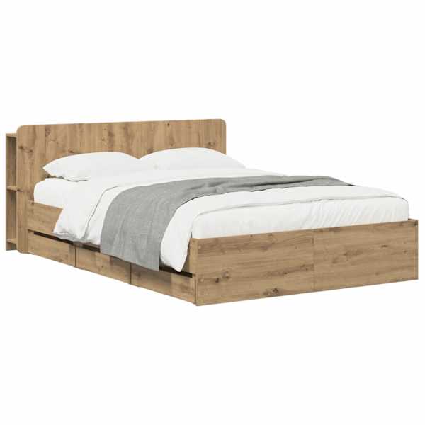 Sahtlitega voodiraam peatsiga, artisan tamm, 120 × 200 cm, tehispuit — mudel 3445802