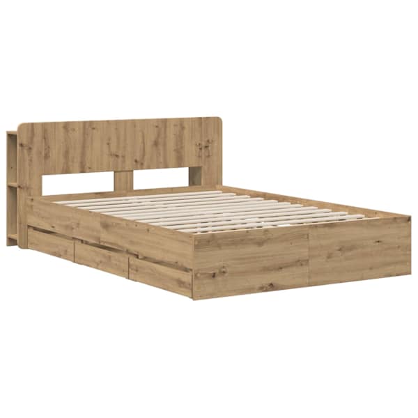Sahtlitega voodiraam peatsiga, artisan tamm, 135 × 190 cm, tehispuit — mudel 3445823