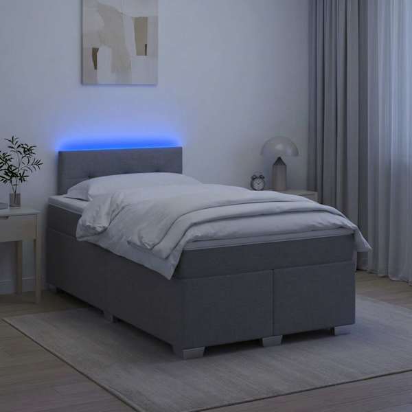 LED-valgustusega kontinentaalvoodi koos madratsiga, helehall, 120 × 190 cm, kangas — mudel 3451896