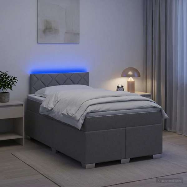 LED-valgustusega kontinentaalvoodi koos madratsiga, helehall, 120 × 190 cm, kangas — mudel 3451903