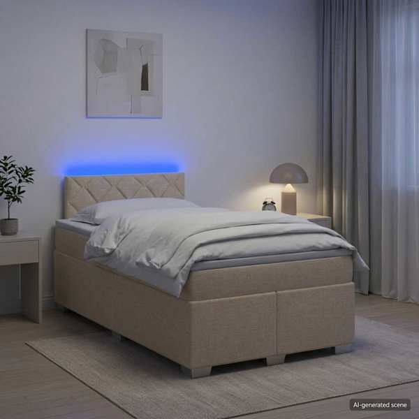 LED-valgustusega kontinentaalvoodi koos madratsiga, kreemjasvalge, 120 × 190 cm, kangas — mudel 3451908