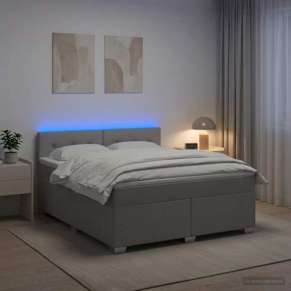 LED-valgustusega kontinentaalvoodi koos madratsiga, helehall, 180 × 200 cm, kangas — mudel 3452001
