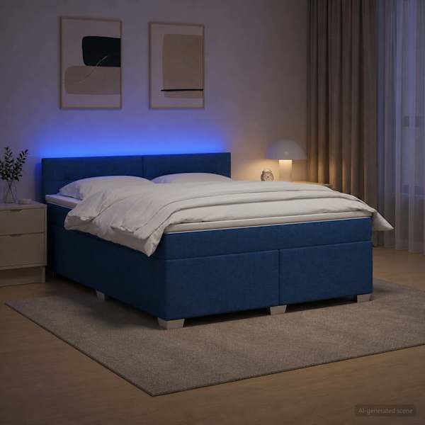 LED-valgustusega kontinentaalvoodi koos madratsiga, sinine, 180 × 200 cm, kangas — mudel 3452007