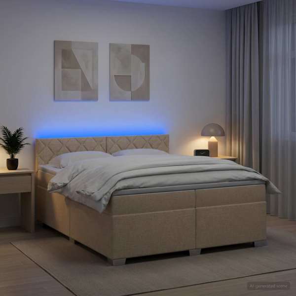 LED-valgustusega kontinentaalvoodi koos madratsiga, kreemjasvalge, 200 × 200 cm, kangas — mudel 3452034