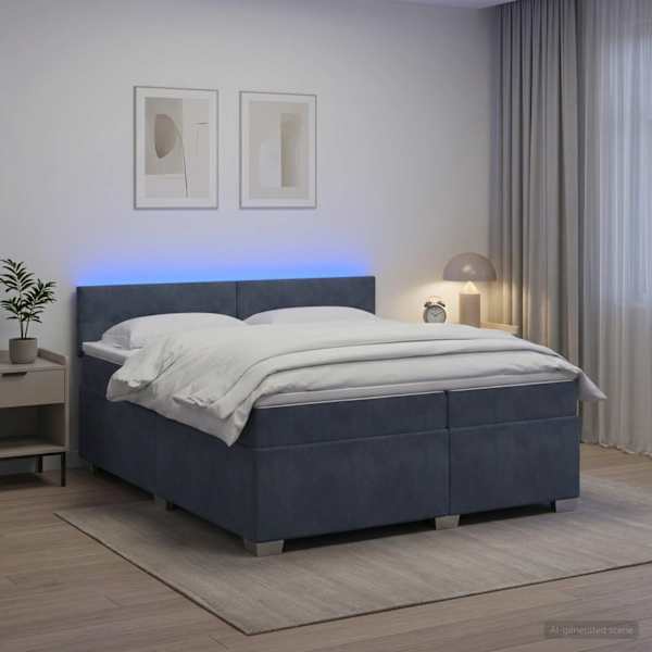 LED-valgustusega kontinentaalvoodi koos madratsiga, tumehall, 200 × 200 cm, samet — mudel 3452247
