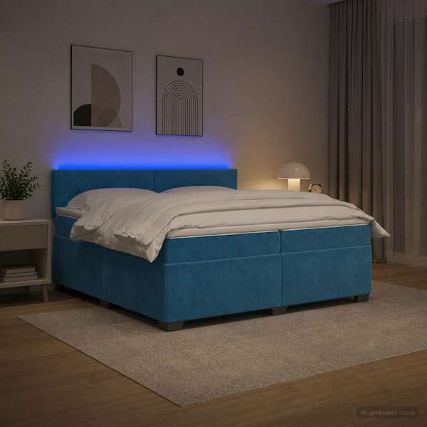LED-valgustusega kontinentaalvoodi koos madratsiga, sinine, 200 × 200 cm, samet — mudel 3452250