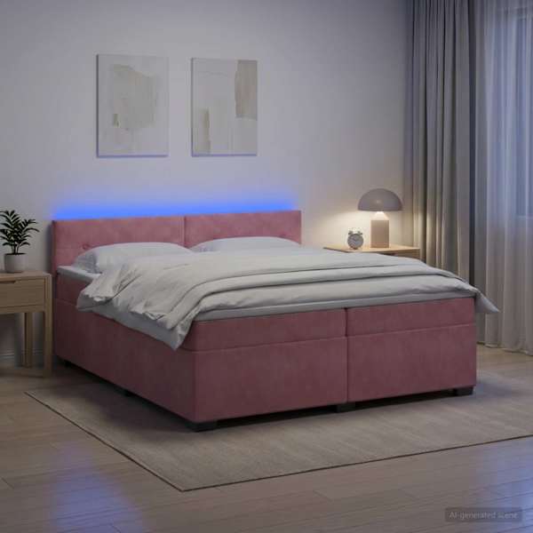 LED-valgustusega kontinentaalvoodi koos madratsiga, roosa, 200 × 200 cm, samet — mudel 3452251