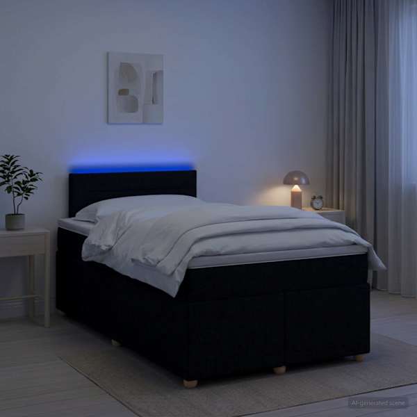 LED-valgustusega kontinentaalvoodi koos madratsiga, must, 120 × 190 cm, kangas — mudel 3452368