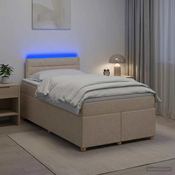LED-valgustusega kontinentaalvoodi koos madratsiga, kreemjasvalge, 120 × 190 cm, kangas — mudel 3452371