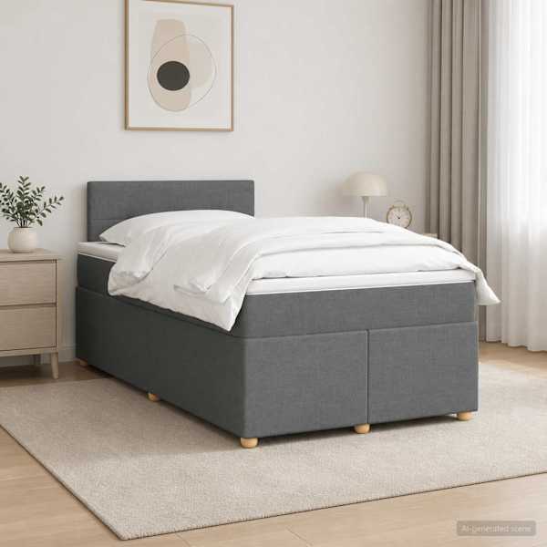 LED-valgustusega kontinentaalvoodi koos madratsiga, tumehall, 120 × 190 cm, kangas — mudel 3452374