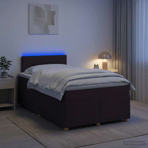 LED-valgustusega kontinentaalvoodi koos madratsiga, tumepruun, 120 × 190 cm, kangas — mudel 3452376
