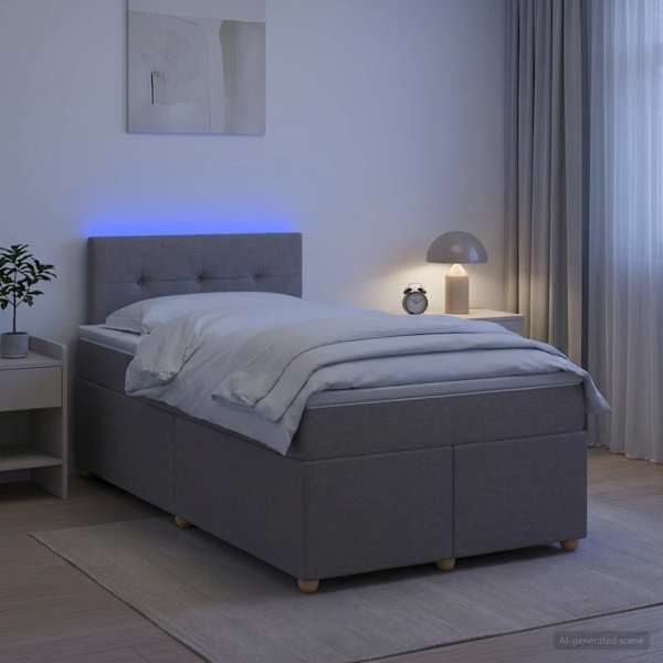 LED-valgustusega kontinentaalvoodi koos madratsiga, pruunikashall, 120 × 190 cm, kangas — mudel 3452377