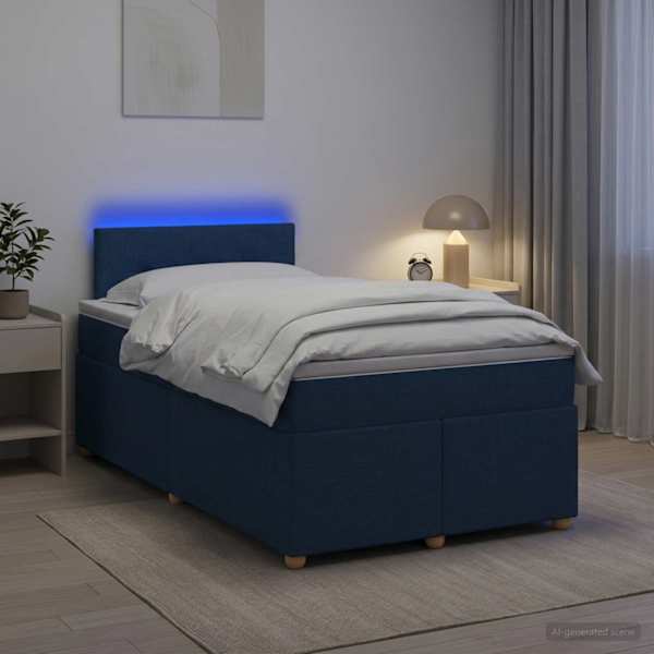 LED-valgustusega kontinentaalvoodi koos madratsiga, sinine, 120 × 190 cm, kangas — mudel 3452379