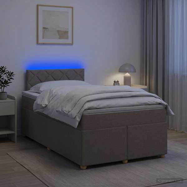 LED-valgustusega kontinentaalvoodi koos madratsiga, pruunikashall, 120 × 190 cm, kangas — mudel 3452384
