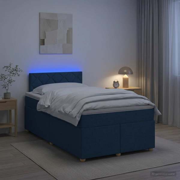 LED-valgustusega kontinentaalvoodi koos madratsiga, sinine, 120 × 190 cm, kangas — mudel 3452386