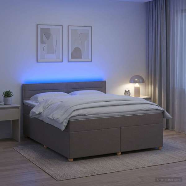 LED-valgustusega kontinentaalvoodi koos madratsiga, pruunikashall, 180 × 200 cm, kangas — mudel 3452475