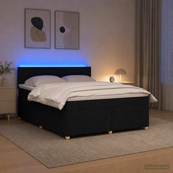 LED-valgustusega kontinentaalvoodi koos madratsiga, must, 180 × 200 cm, kangas — mudel 3452480