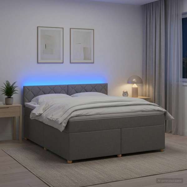 LED-valgustusega kontinentaalvoodi koos madratsiga, helehall, 180 × 200 cm, kangas — mudel 3452485