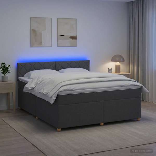 LED-valgustusega kontinentaalvoodi koos madratsiga, tumehall, 180 × 200 cm, kangas — mudel 3452486