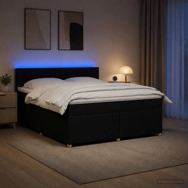 LED-valgustusega kontinentaalvoodi koos madratsiga, must, 180 × 200 cm, kangas — mudel 3452487