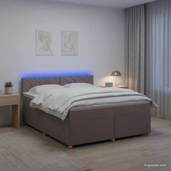 LED-valgustusega kontinentaalvoodi koos madratsiga, pruunikashall, 180 × 200 cm, kangas — mudel 3452489