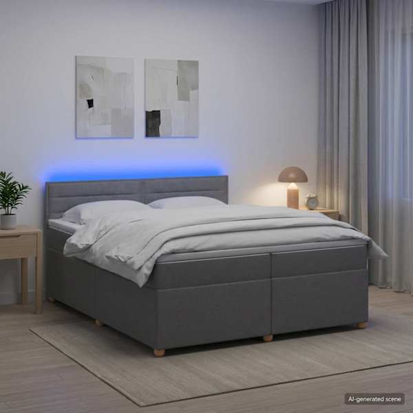 LED-valgustusega kontinentaalvoodi koos 2 madratsiga, helehall, 200 × 200 cm, kangas — mudel 3452492