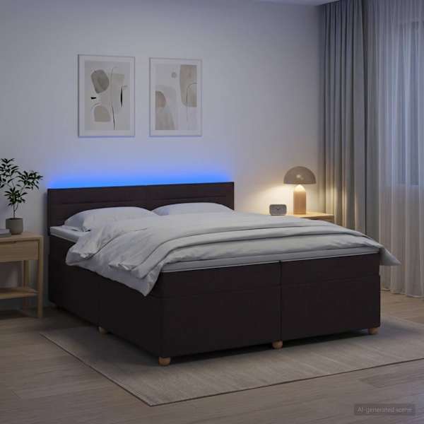 LED-valgustusega kontinentaalvoodi koos 2 madratsiga, tumepruun, 200 × 200 cm, kangas — mudel 3452495