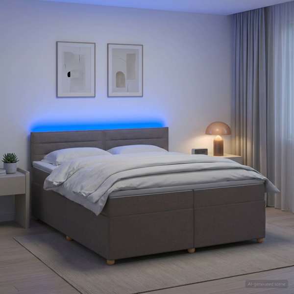 LED-valgustusega kontinentaalvoodi koos 2 madratsiga, pruunikashall, 200 × 200 cm, kangas — mudel 3452496