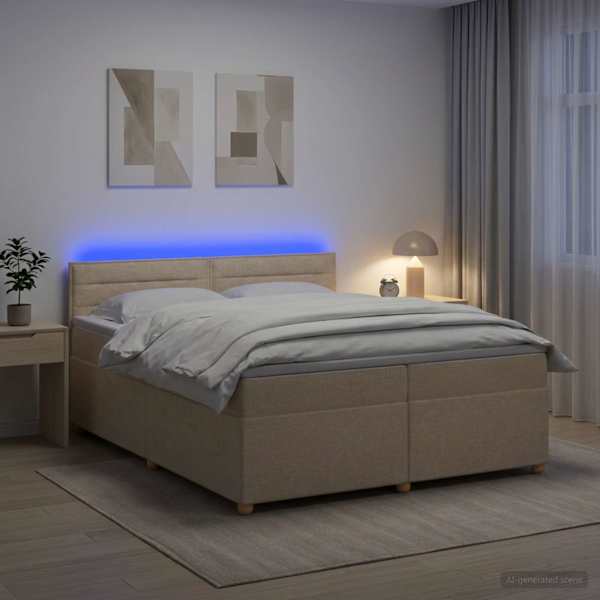 LED-valgustusega kontinentaalvoodi koos 2 madratsiga, kreemjasvalge, 200 × 200 cm, kangas — mudel 3452497