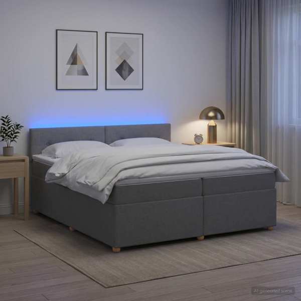 LED-valgustusega kontinentaalvoodi koos 2 madratsiga, helehall, 200 × 200 cm, kangas — mudel 3452499