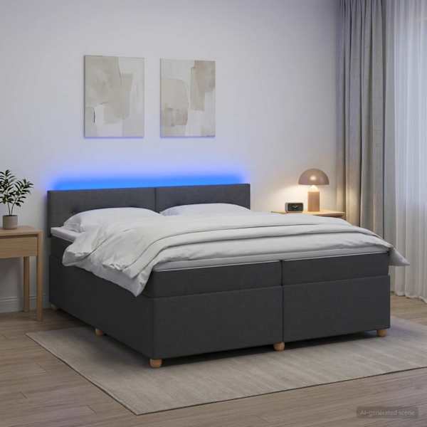 LED-valgustusega kontinentaalvoodi koos 2 madratsiga, tumehall, 200 × 200 cm, kangas — mudel 3452500