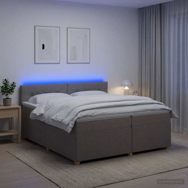 LED-valgustusega kontinentaalvoodi koos 2 madratsiga, pruunikashall, 200 × 200 cm, kangas — mudel 3452503