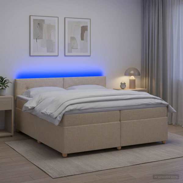 LED-valgustusega kontinentaalvoodi koos 2 madratsiga, kreemjasvalge, 200 × 200 cm, kangas — mudel 3452504