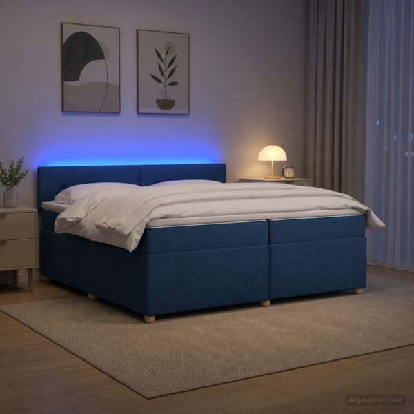 LED-valgustusega kontinentaalvoodi koos 2 madratsiga, sinine, 200 × 200 cm, kangas — mudel 3452505