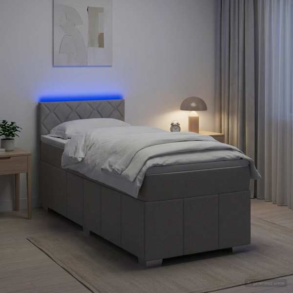 LED-valgustusega kontinentaalvoodi koos madratsiga, helehall, 80 × 200 cm, kangas — mudel 3452551