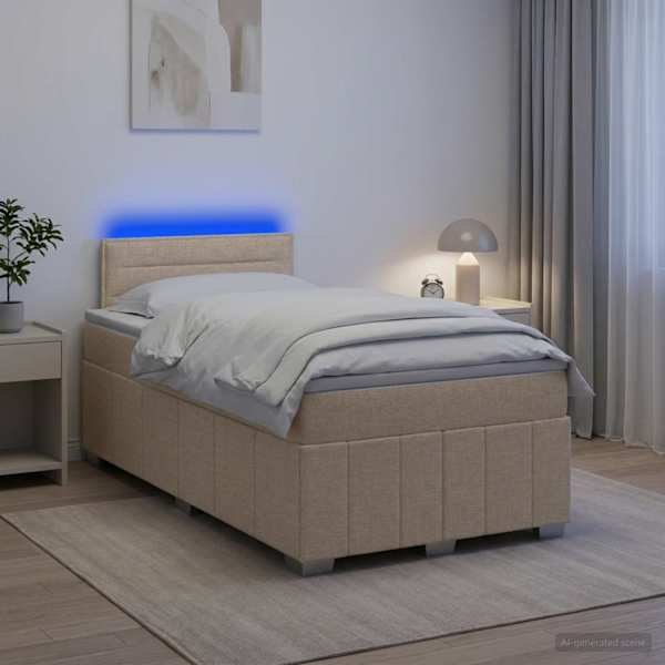 LED-valgustusega kontinentaalvoodi koos madratsiga, kreemjasvalge, 120 × 190 cm, kangas — mudel 3452626