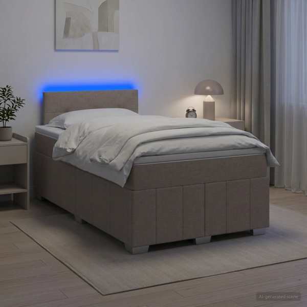 LED-valgustusega kontinentaalvoodi koos madratsiga, pruunikashall, 120 × 190 cm, kangas — mudel 3452632