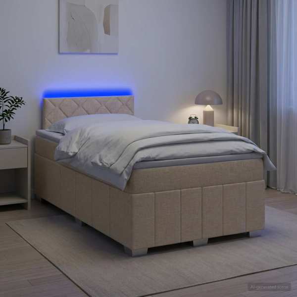 LED-valgustusega kontinentaalvoodi koos madratsiga, kreemjasvalge, 120 × 190 cm, kangas — mudel 3452640