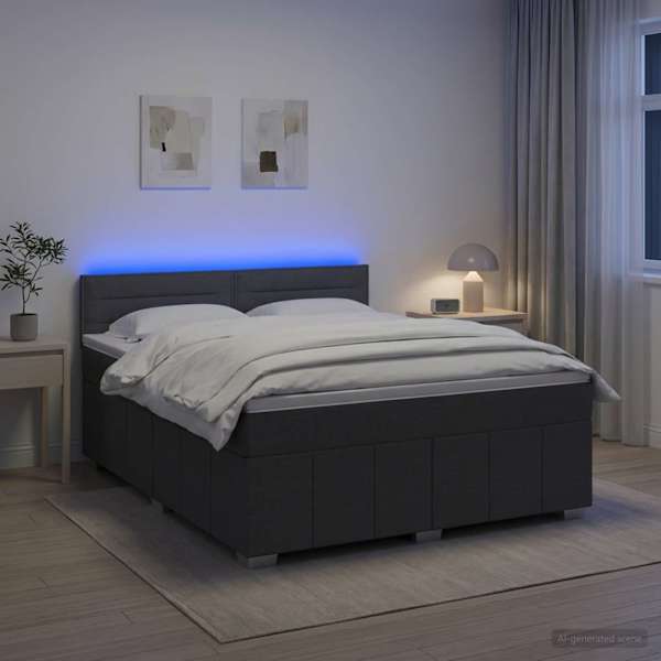 LED-valgustusega kontinentaalvoodi koos madratsiga, tumehall, 180 × 200 cm, kangas — mudel 3452727