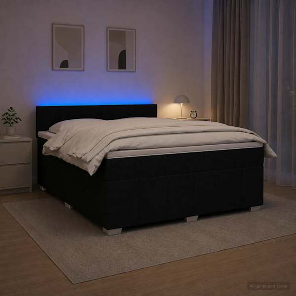LED-valgustusega kontinentaalvoodi koos madratsiga, must, 180 × 200 cm, kangas — mudel 3452742