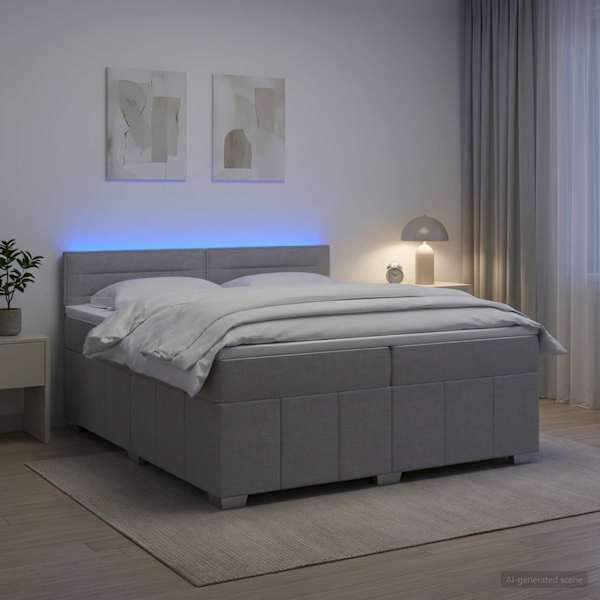 LED-valgustusega kontinentaalvoodi koos 2 madratsiga, helehall, 200 × 200 cm, kangas — mudel 3452747