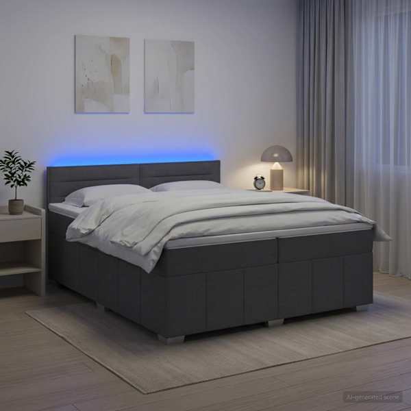 LED-valgustusega kontinentaalvoodi koos 2 madratsiga, tumehall, 200 × 200 cm, kangas — mudel 3452748