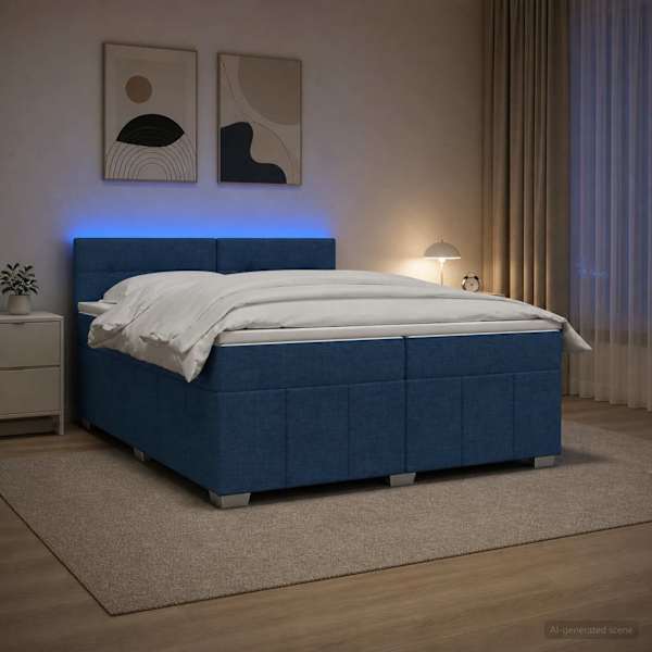 LED-valgustusega kontinentaalvoodi koos 2 madratsiga, sinine, 200 × 200 cm, kangas — mudel 3452760