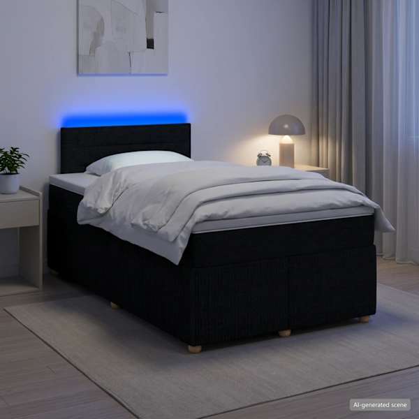 LED-valgustusega kontinentaalvoodi koos madratsiga, must, 120 × 190 cm, kangas — mudel 3452878