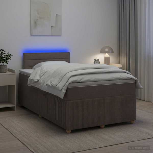 LED-valgustusega kontinentaalvoodi koos madratsiga, pruunikashall, 120 × 190 cm, kangas — mudel 3452880